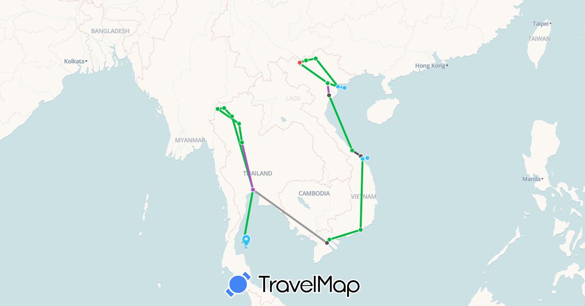 TravelMap itinerary: bus, plane, train, hiking, boat, motorbike in Thailand, Vietnam (Asia)